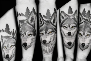 Pack of wolves in the woods with baby wolves tattoo idea