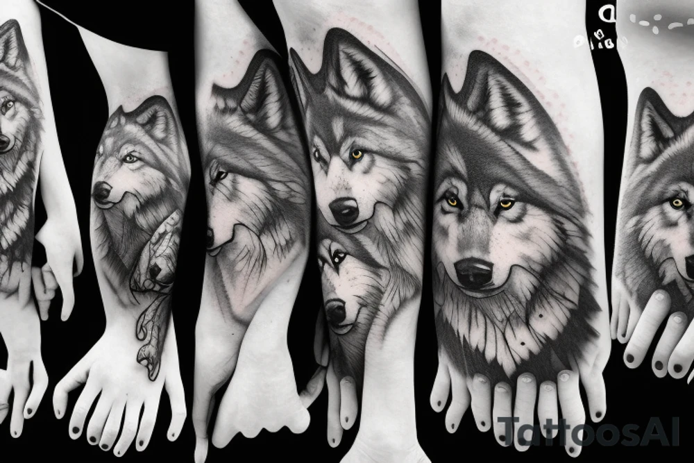 Pack of wolves in the woods with baby wolves tattoo idea