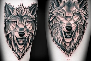 Half wolf half lion tattoo idea