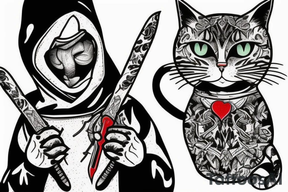Cat with hoodie and weapon tattoo idea