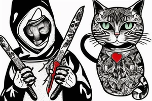 Cat with hoodie and weapon tattoo idea