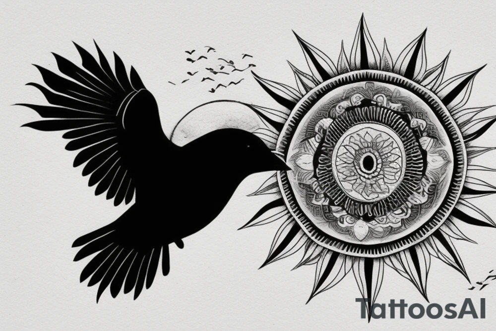 Crow symbolizing new beginings and referrence to sabah with some fleeting crows and an eternal sun tattoo idea