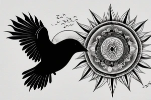 Crow symbolizing new beginings and referrence to sabah with some fleeting crows and an eternal sun tattoo idea