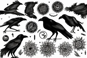 Crow symbolizing new beginings and referrence to sabah with some fleeting crows and an eternal sun for an arm piece tattoo idea