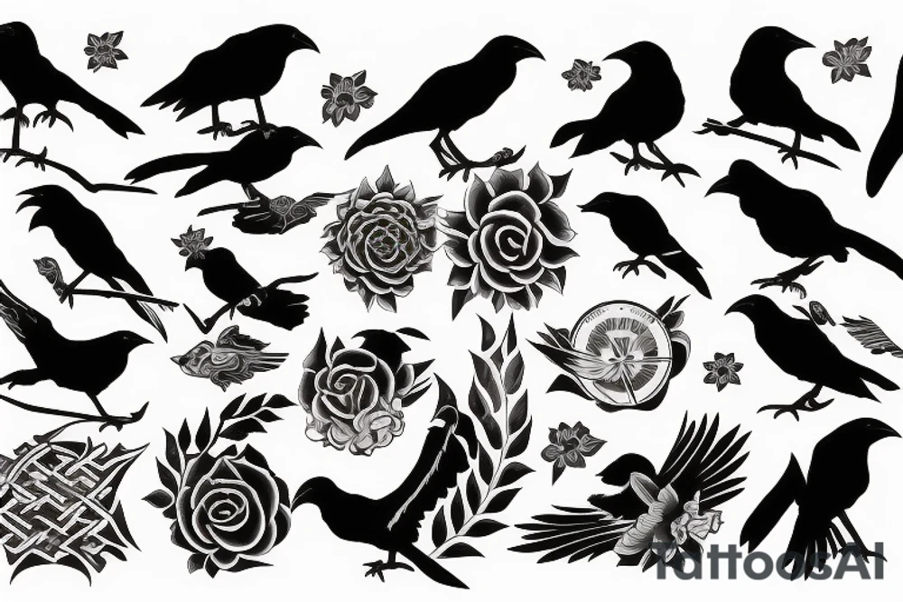 Crow symbolizing new beginings and referrence to sabah with some fleeting crows and an eternal sun for an arm piece tattoo idea