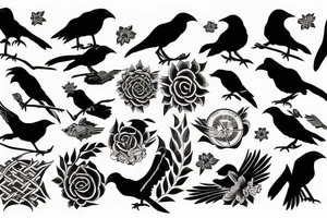 Crow symbolizing new beginings and referrence to sabah with some fleeting crows and an eternal sun for an arm piece tattoo idea