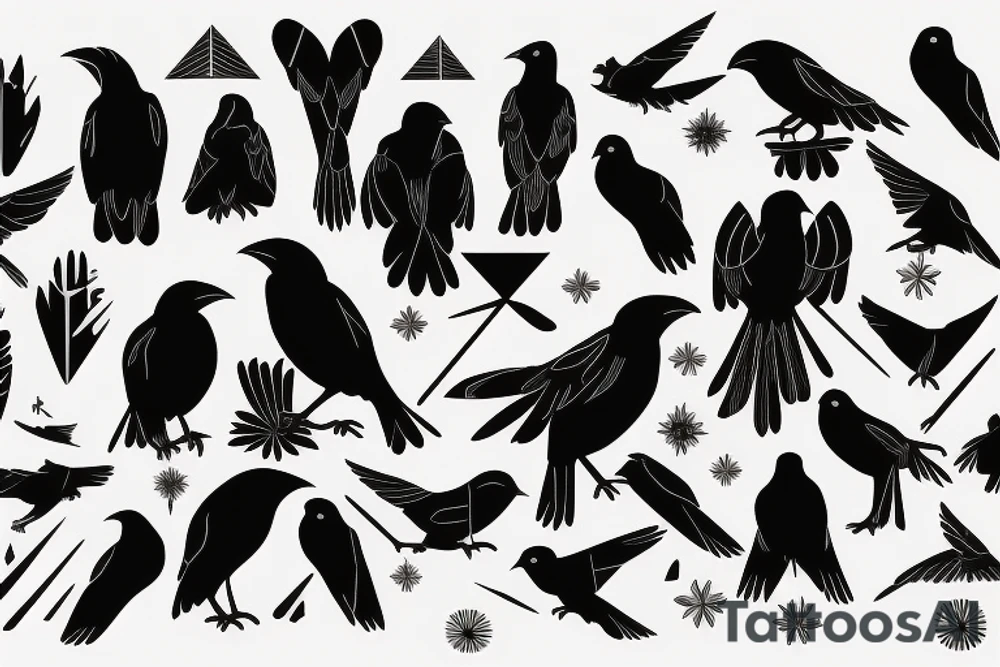 Crow symbolizing new beginings and referrence to sabah with some fleeting crows and an eternal sun for an arm piece tattoo idea