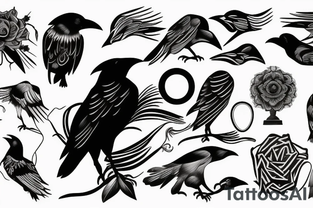 Crow symbolizing new beginings and fleeting crows and an eternal sun for an arm piece tattoo idea