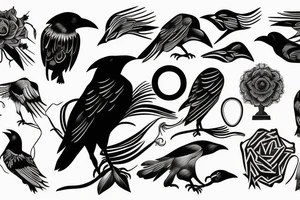 Crow symbolizing new beginings and fleeting crows and an eternal sun for an arm piece tattoo idea