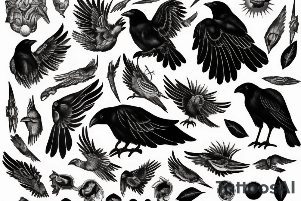 Crow symbolizing new beginings and fleeting crows and an eternal sun for an arm piece tattoo idea