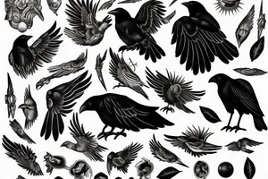 Crow symbolizing new beginings and fleeting crows and an eternal sun for an arm piece tattoo idea