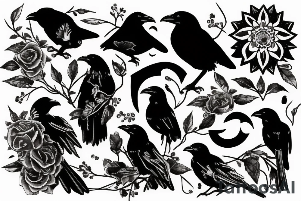 Crow symbolizing new beginings and fleeting crows and an eternal sun for an arm piece tattoo idea