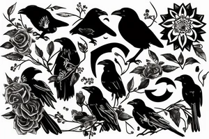 Crow symbolizing new beginings and fleeting crows and an eternal sun for an arm piece tattoo idea