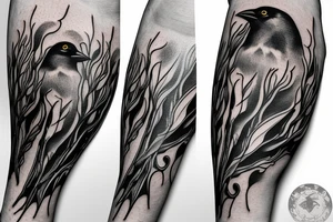 Crow symbolizing new beginings and fleeting crows and an eternal sun for an arm piece tattoo idea