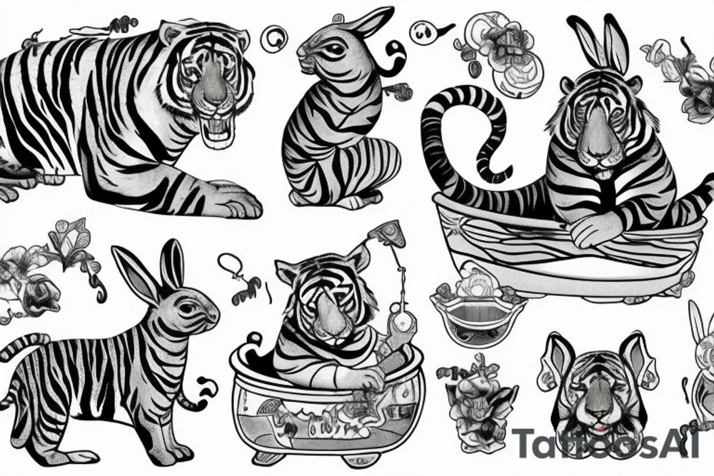 travel/family themed one. A tiger chilling in a tub for Bangkok and my mom's zodiac, a rabbit letting go of a 孔明灯 for dads zodiac and Taiwan, and a monkey with glasses holding a coconut for my sisters zodiac and Vietnam tattoo idea