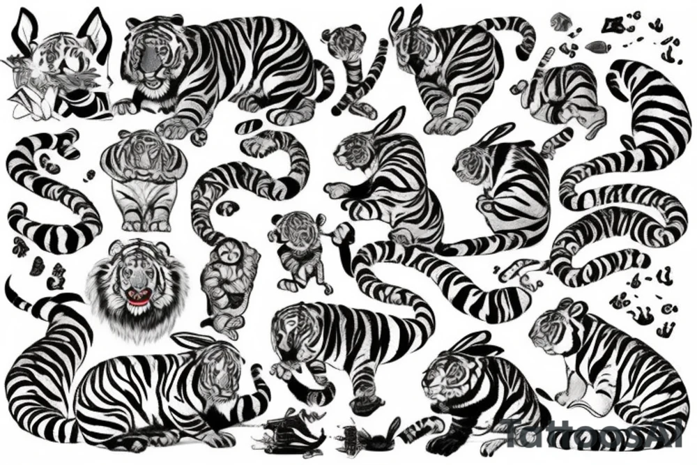 travel/family themed one. A tiger chilling in a tub for Bangkok and my mom's zodiac, a rabbit letting go of a 孔明灯 for dads zodiac and Taiwan, and a monkey with glasses holding a coconut for my sisters zodiac and Vietnam tattoo idea