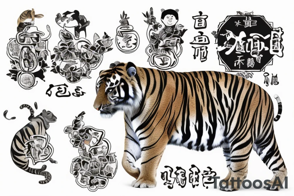 travel/family themed one. A tiger chilling in a tub for Bangkok and my mom's zodiac, a rabbit letting go of a 孔明灯 for dads zodiac and Taiwan, and a monkey with glasses holding a coconut for my sisters zodiac and Vietnam tattoo idea