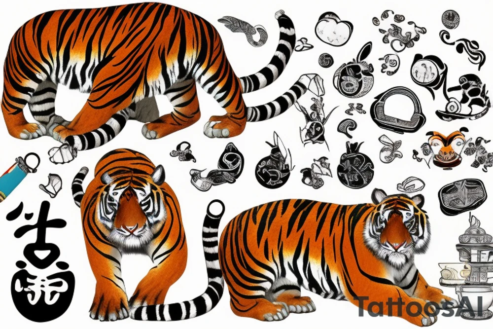 travel/family themed one. A tiger chilling in a tub for Bangkok and my mom's zodiac, a rabbit letting go of a 孔明灯 for dads zodiac and Taiwan, and a monkey with glasses holding a coconut for my sisters zodiac and Vietnam tattoo idea