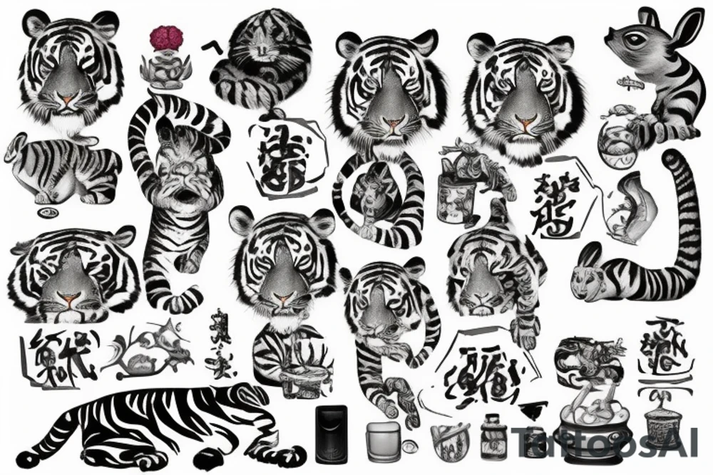travel/family themed one. A tiger chilling in a tub for Bangkok and my mom's zodiac, a rabbit letting go of a 孔明灯 for dads zodiac and Taiwan, and a monkey with glasses holding a coconut for my sisters zodiac and Vietnam tattoo idea