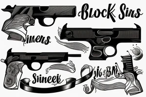 two black gun pistols with verticale word sinner tattoo idea