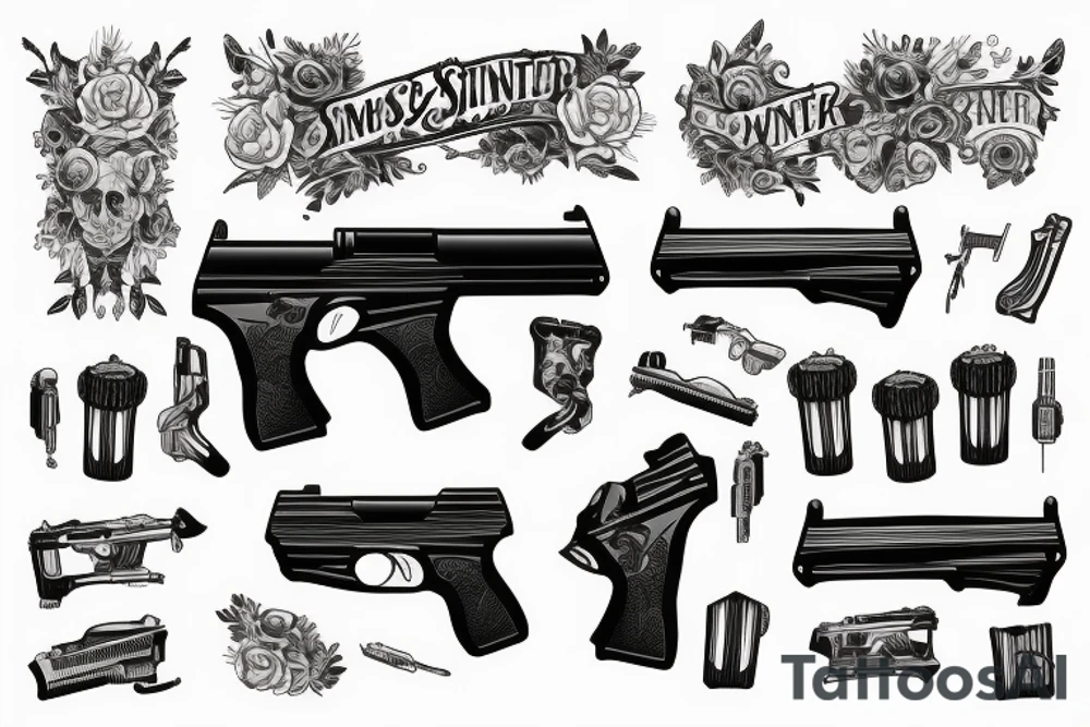 two black gun pistols with verticale word sinner tattoo idea