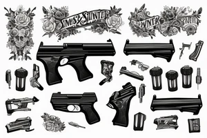 two black gun pistols with verticale word sinner tattoo idea