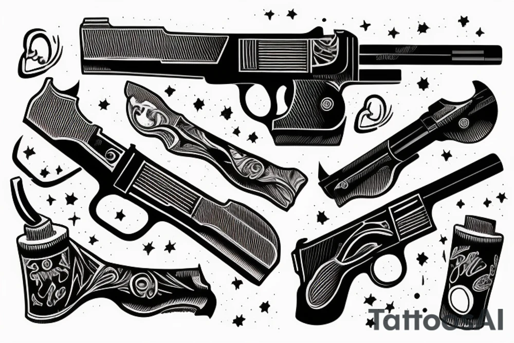 two black gun pistols with verticale word sinner tattoo idea