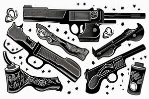 two black gun pistols with verticale word sinner tattoo idea