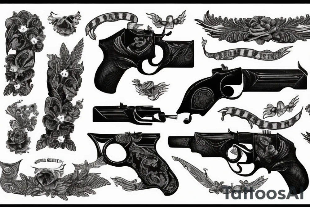 two black gun pistols with verticale word sinner tattoo idea