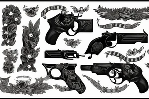 two black gun pistols with verticale word sinner tattoo idea