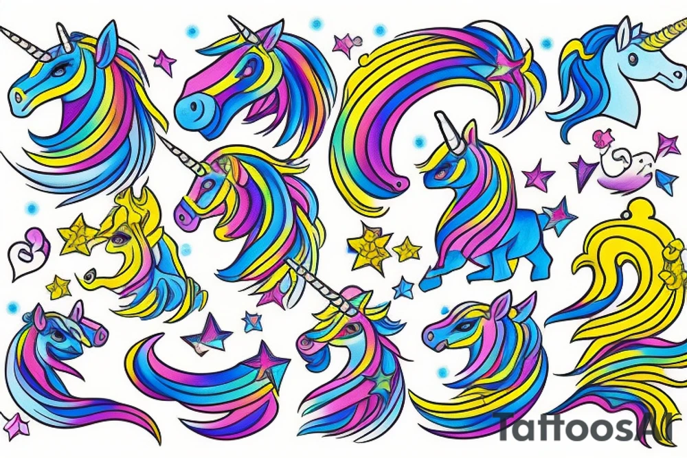 unicorn with yellow and blue accents tattoo idea