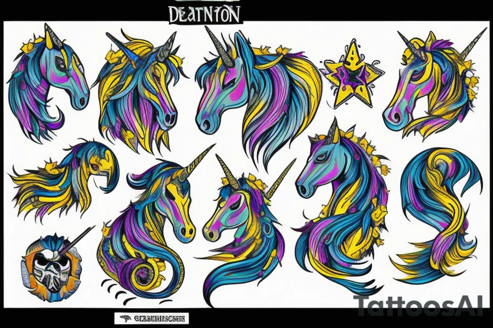death unicorn with yellow and blue accents tattoo idea