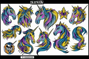 death unicorn with yellow and blue accents tattoo idea
