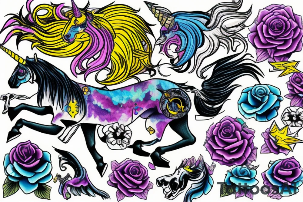 death unicorn with yellow and blue accents tattoo idea