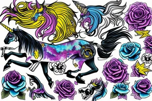 death unicorn with yellow and blue accents tattoo idea