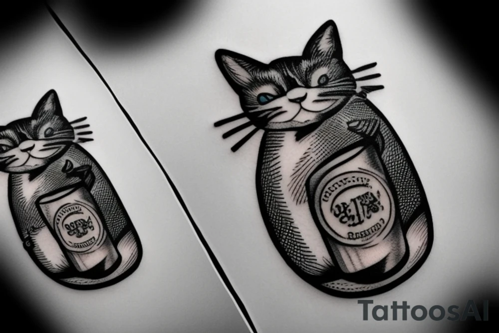 black and white cat with a beer bottle tattoo idea