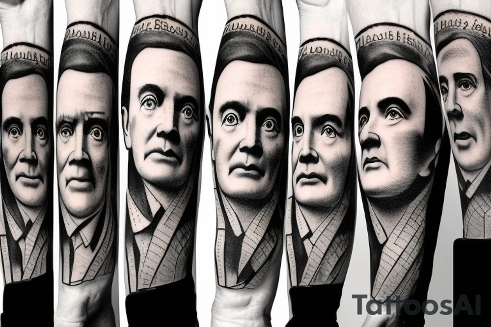 Mount Rushmore-style mountain face featuring the faces of Galileo, Newton, Faraday, Marie Curie, and Bohr tattoo idea