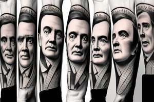 Mount Rushmore-style mountain face featuring the faces of Galileo, Newton, Faraday, Marie Curie, and Bohr tattoo idea