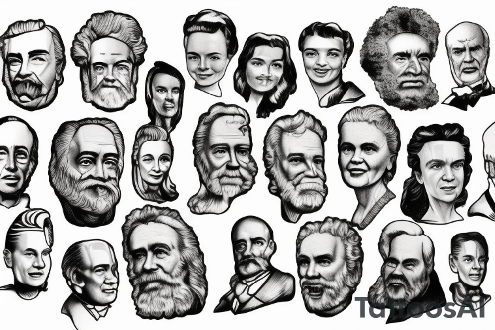Mount Rushmore-style mountain face featuring the faces of Galileo, Newton, Faraday, Marie Curie, and Bohr tattoo idea
