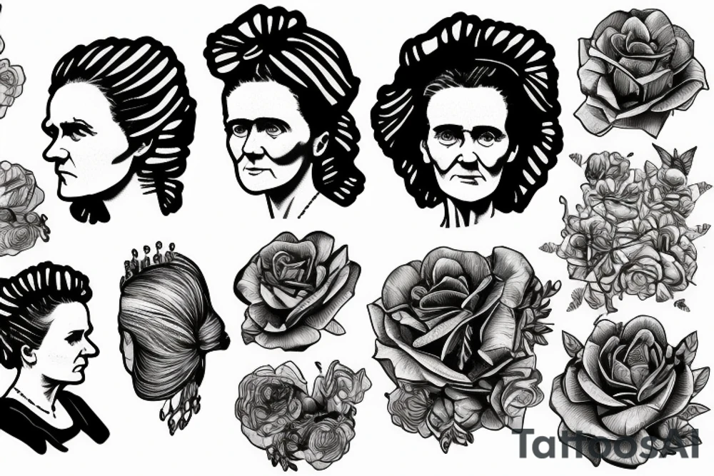Photorealistic chromatic portrait of marie curie tattoo idea