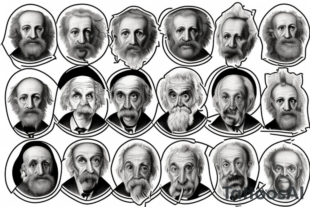 The school of athens but with einstein, 
planck, curie, galileo tattoo idea