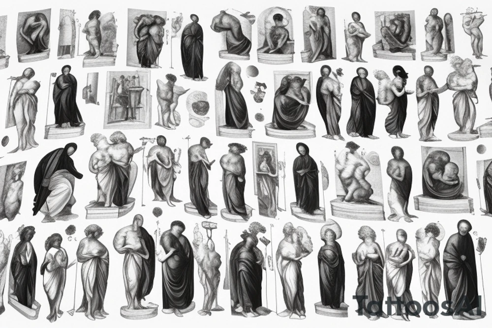 The school of athens but with einstein, 
planck, curie, galileo tattoo idea