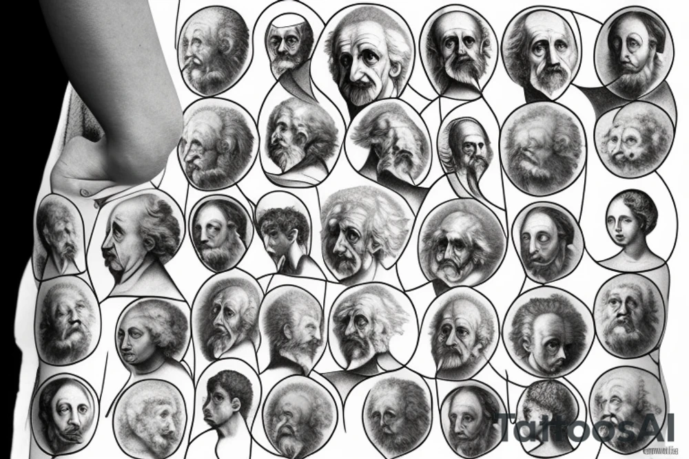 The school of athens but with einstein, 
planck, curie, galileo tattoo idea