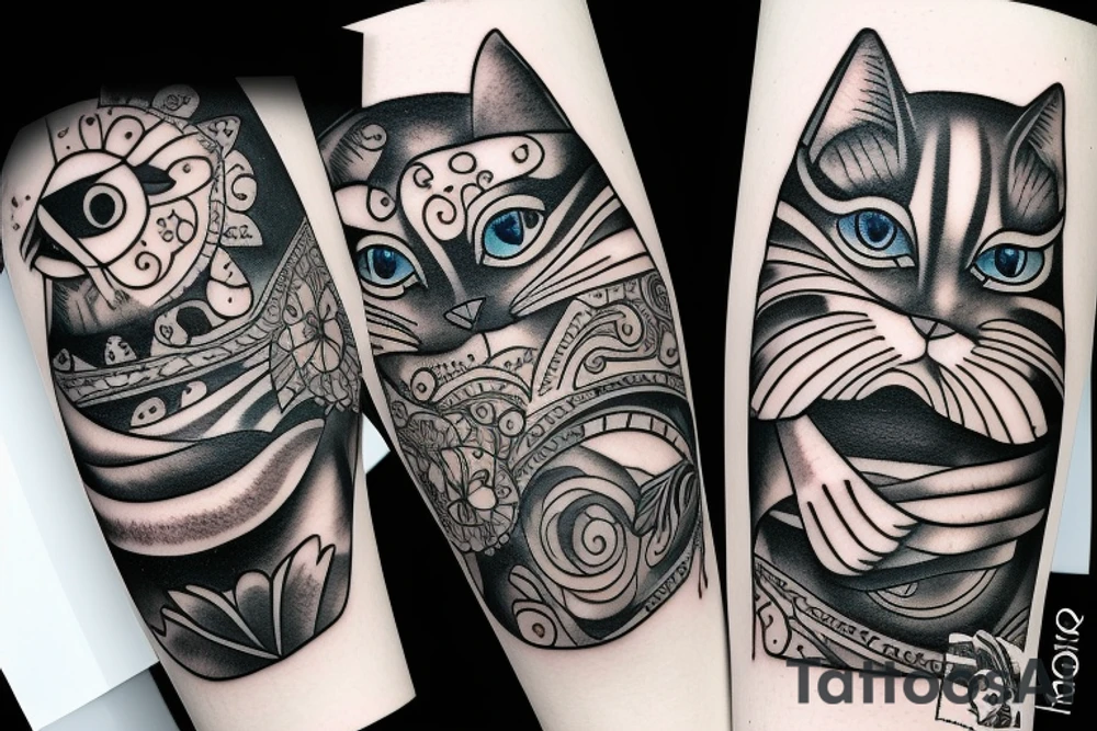Back cat with white eyes tattoo idea