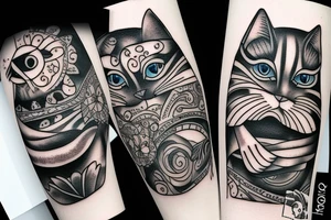 Back cat with white eyes tattoo idea