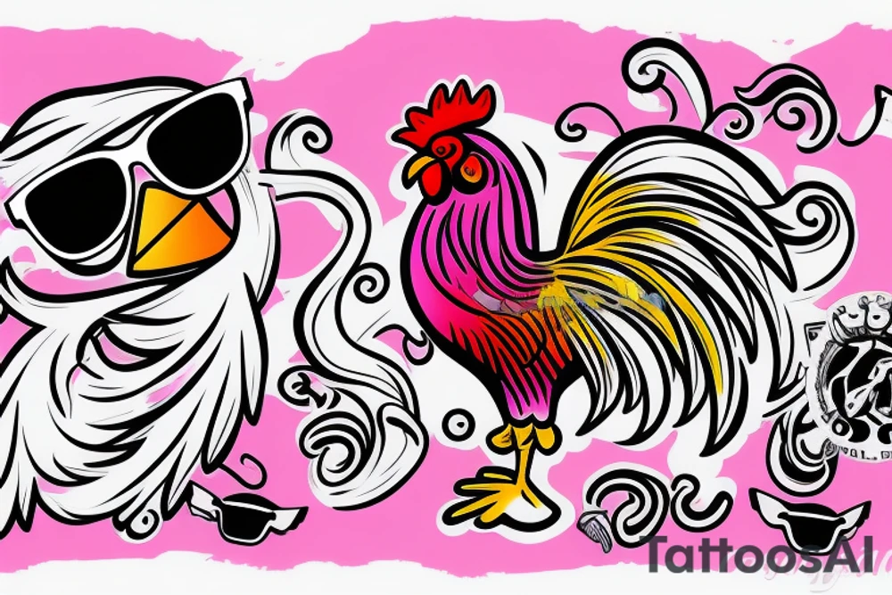pink rooster wearing sunglasses tattoo idea