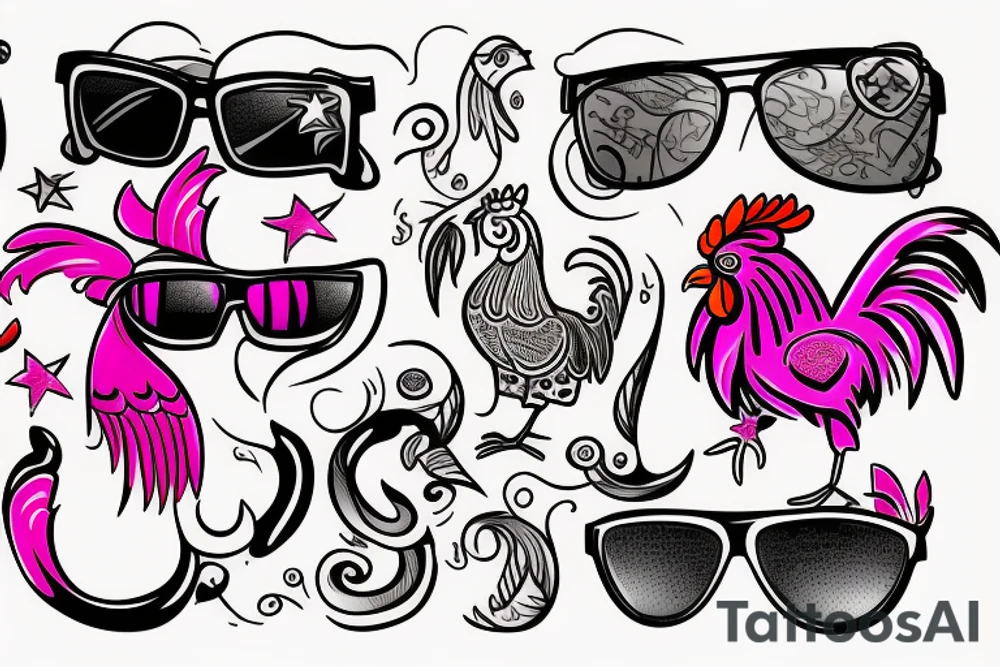 pink rooster wearing sunglasses tattoo idea