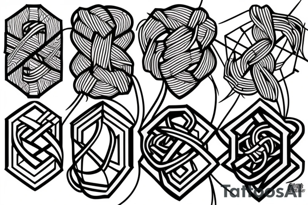 A series of line art knots seen through hexagonal skin breaks tattoo idea