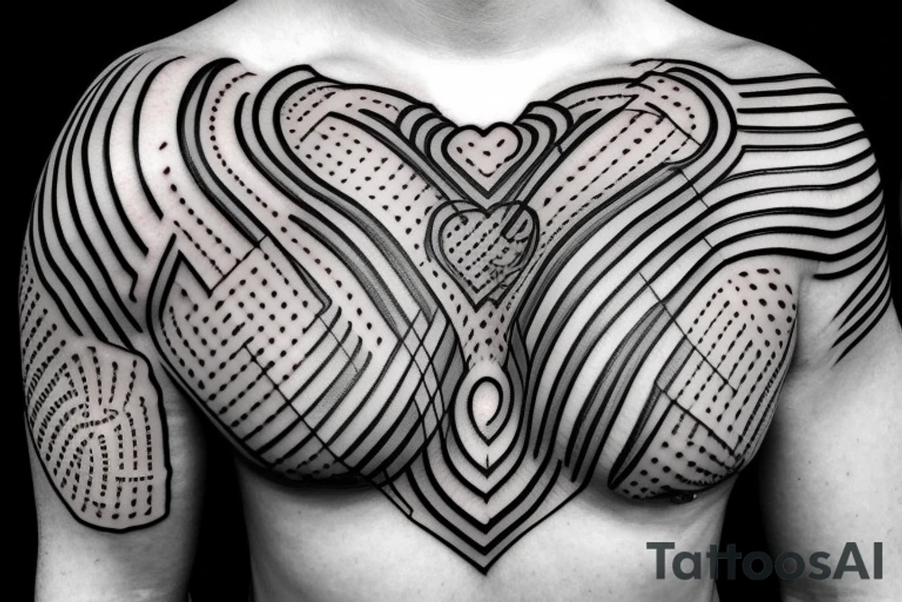 A series of line art knots seen through hexagonal skin breaks, placed on chest above heart tattoo idea