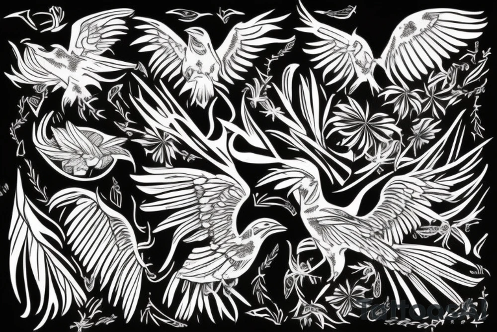 raven flying up with hisbiscus and ferns tattoo idea